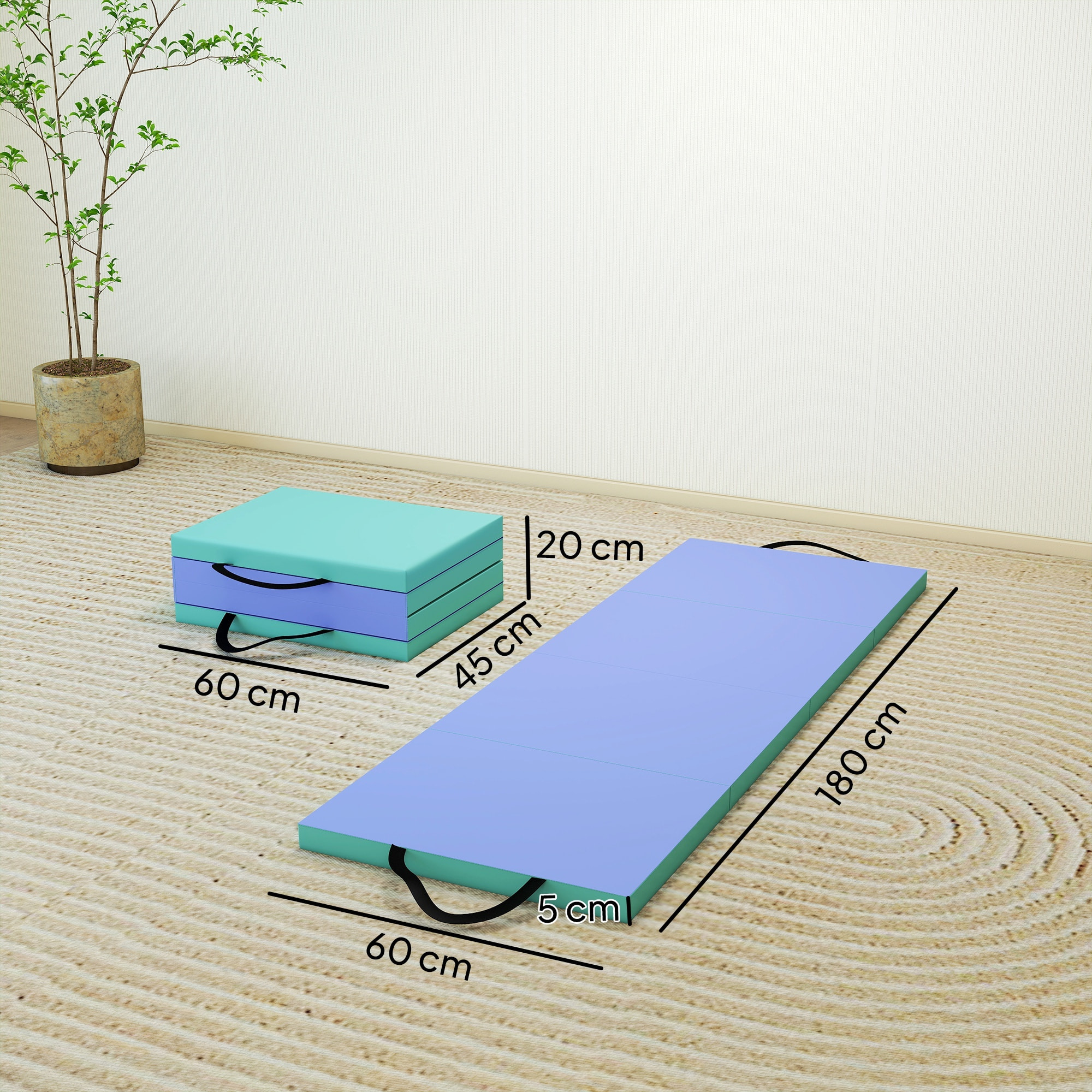 Tapis de gymnastique pliable portable, tapis de sport épais en 4 parties avec poignées de transport, pour yoga, fitness, étirement, 180 x 60 x 5 cm, vert et violet
