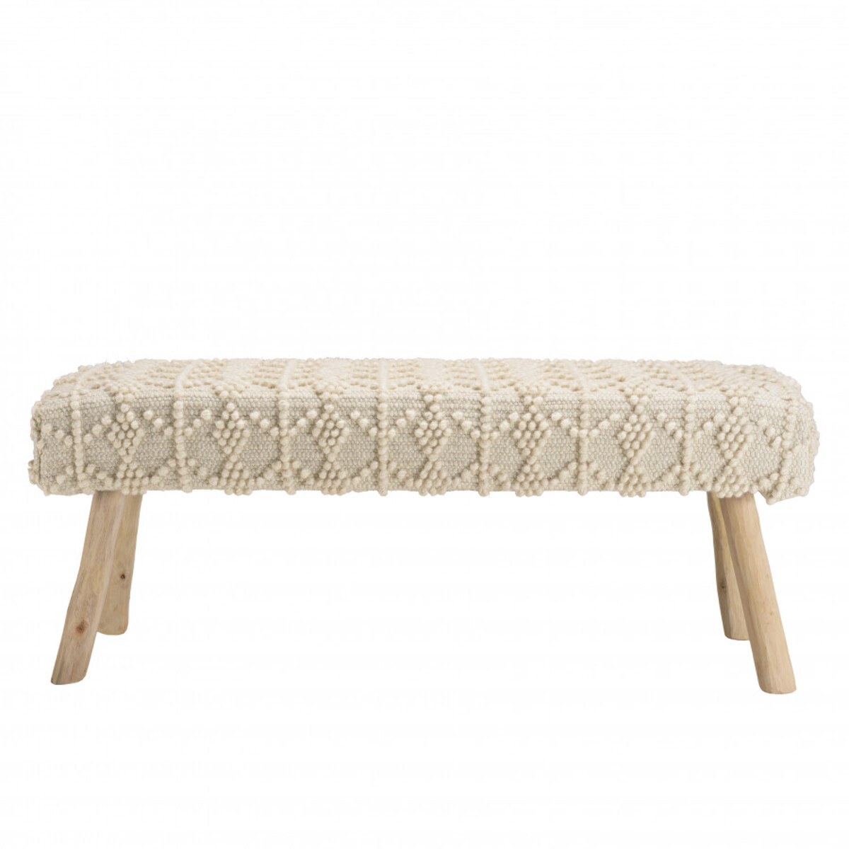 CHARLES - Banc 120x40cm laine motifs losanges couleur ivoire pieds bois