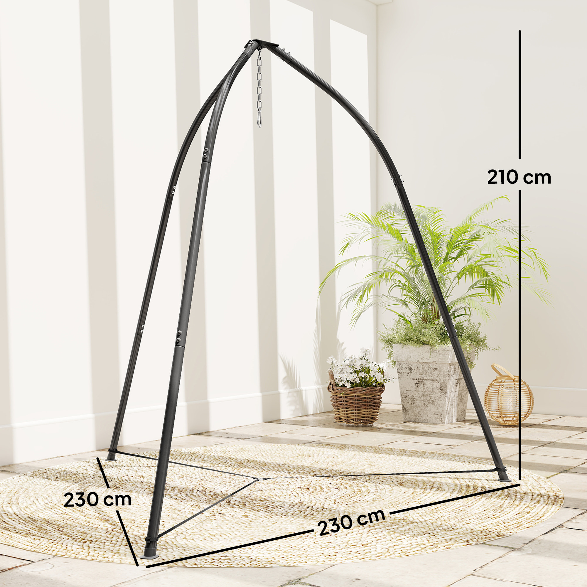 Soporte para Silla Colgante Triangular Altura 210 cm, con Cadena Ajustable, Base Estable, Resistente a la Intemperie, Estructura de Silla Colgante para Patio, Jardín, Carga 150 kg, Negro