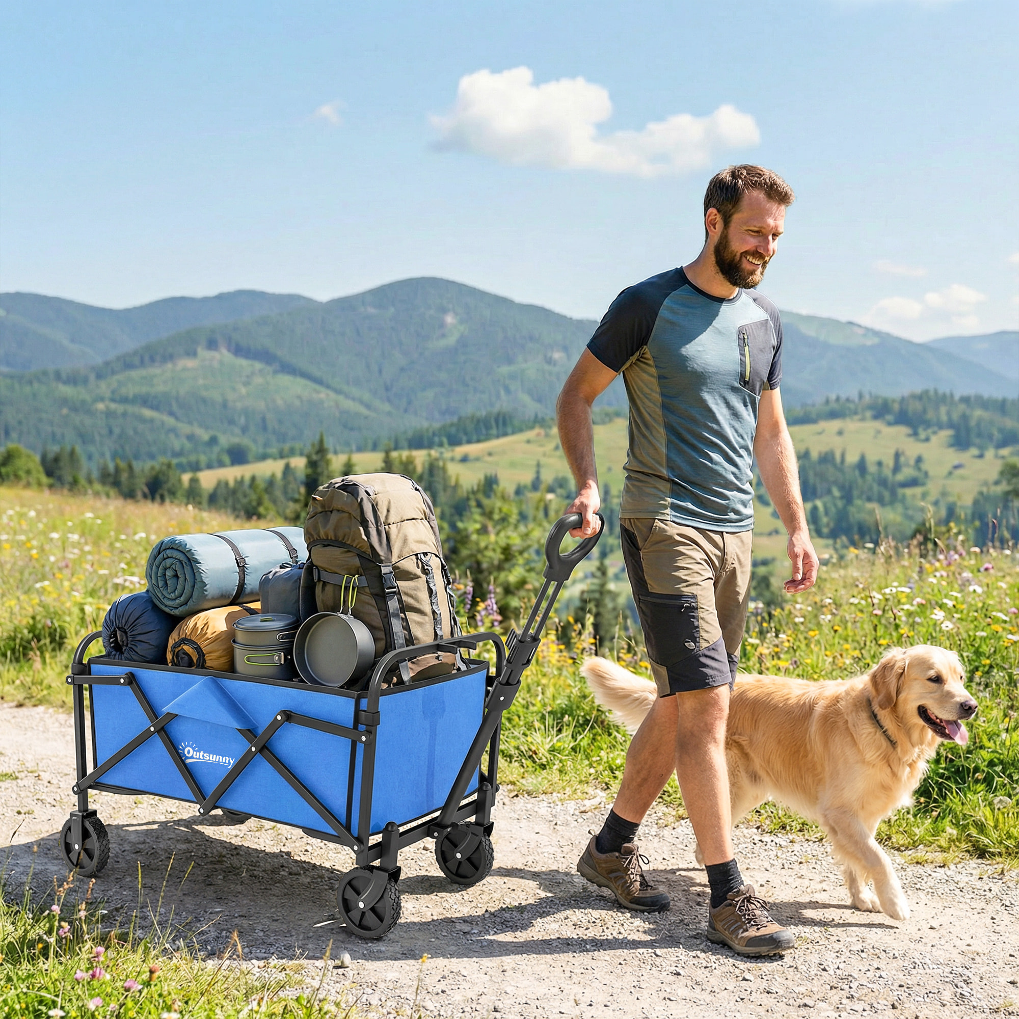 Carro Playa con Ruedas, Carro de Jardín Plegable con Mango Ajustable, Marco de Metal, Carga 68 kg, Carrito Transporte para Todo Terreno, Jardín, Campaña, Compra, Azul