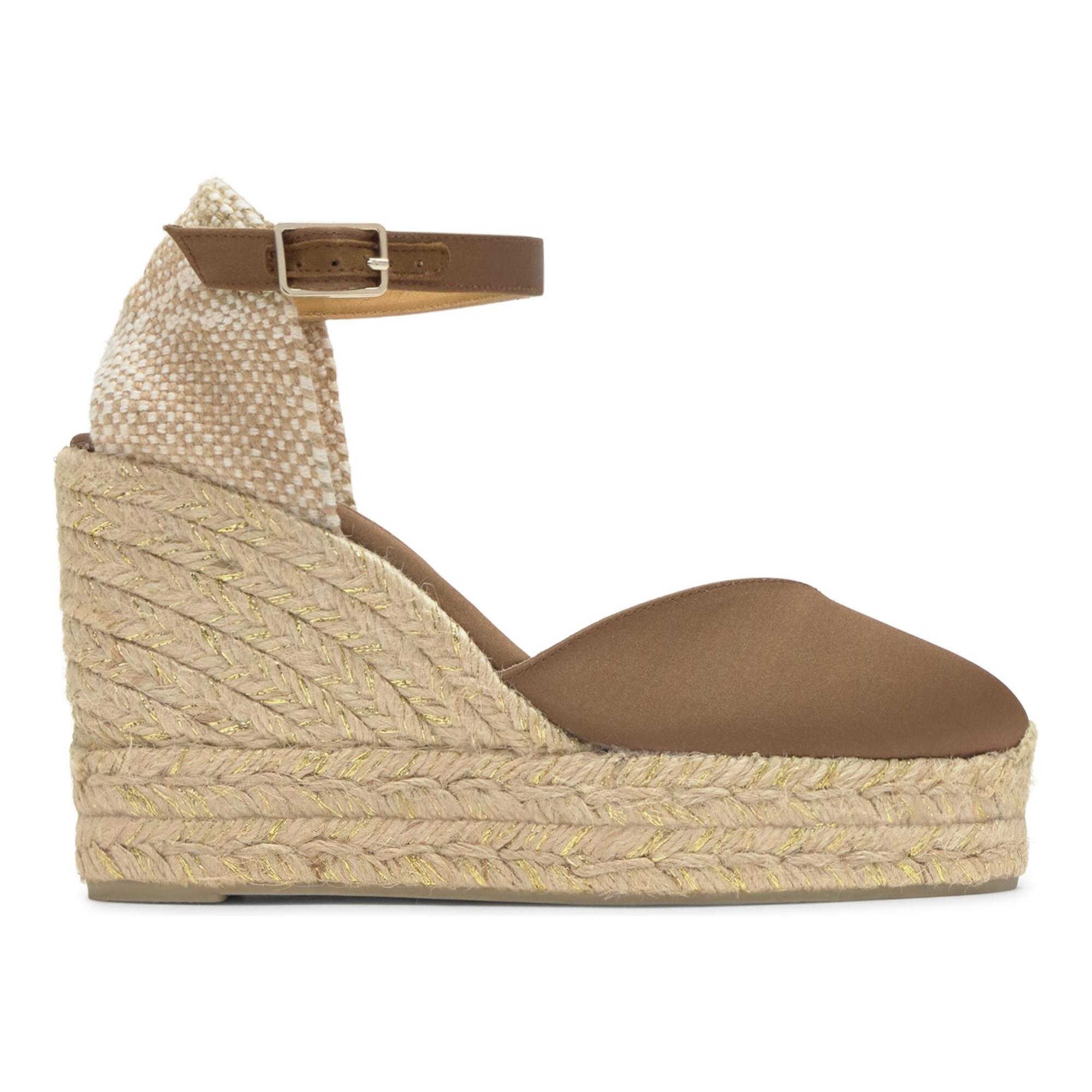 Alpargata Chiarita cuña de yute en raso con pulsera, doble plataforma y escote en V