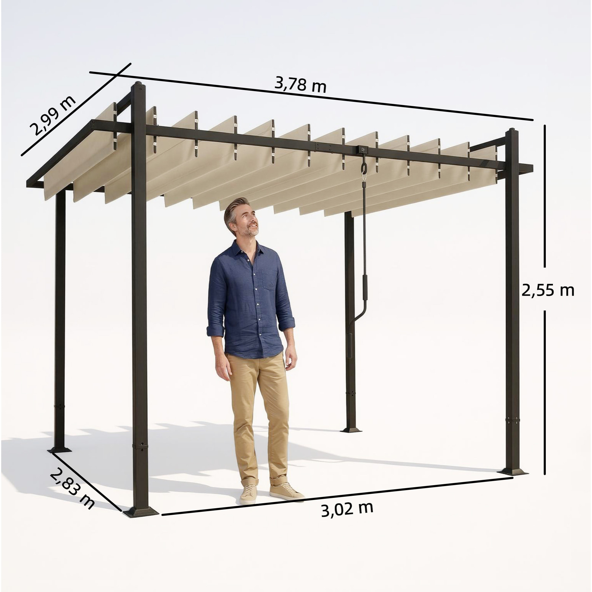 Pérgola de Jardín 3x3,8 m, Cenador de Jardín con Techo de Lamas Ajustable a 90°, Manivela, Estructura de Aluminio y Acero, Protección UPF50+, Pabellón para Exterior, Patio, Terraza, Beige