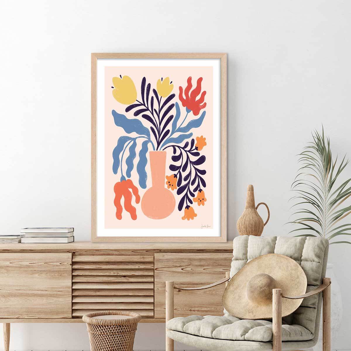 Poster julie fleurs Affiche + cadre en bois - Chêne