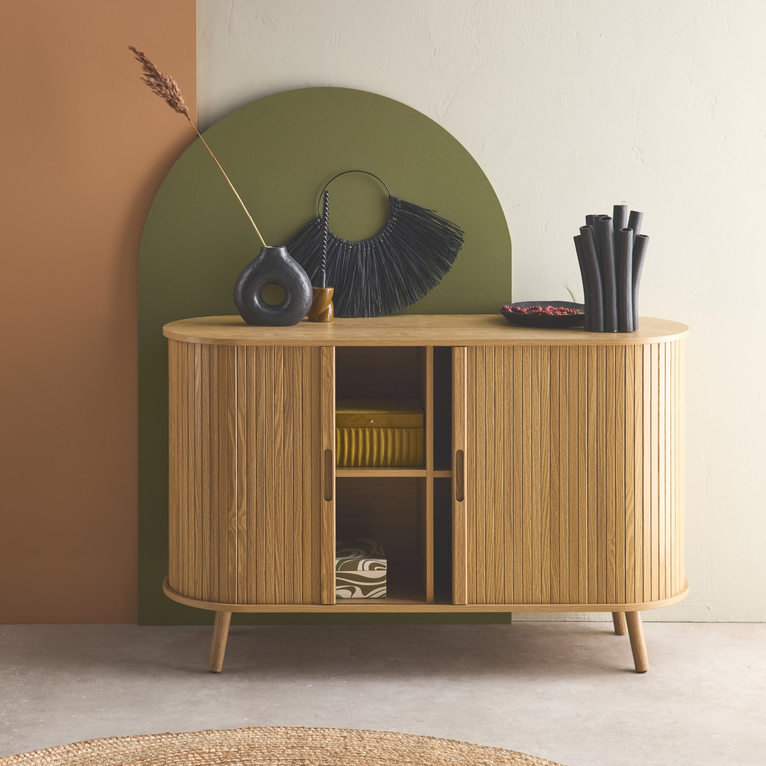 Buffet scandinave décor bois rainuré 2 portes coulissantes 120cm LEGACY