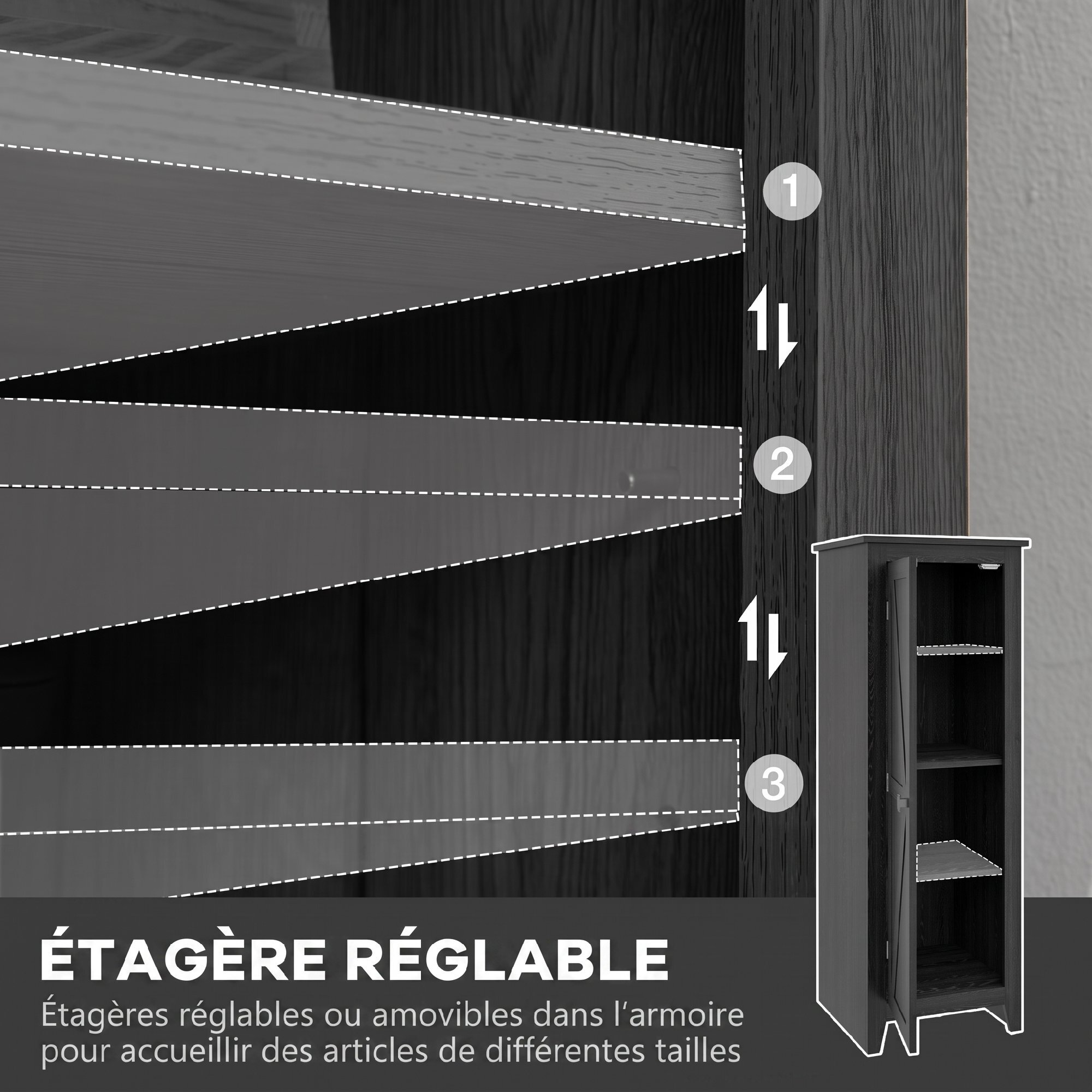 Armoire de cuisine style campagne chic porte 3 étagères réglables - dim. 43L x 40l x 121H cm - MDF noir