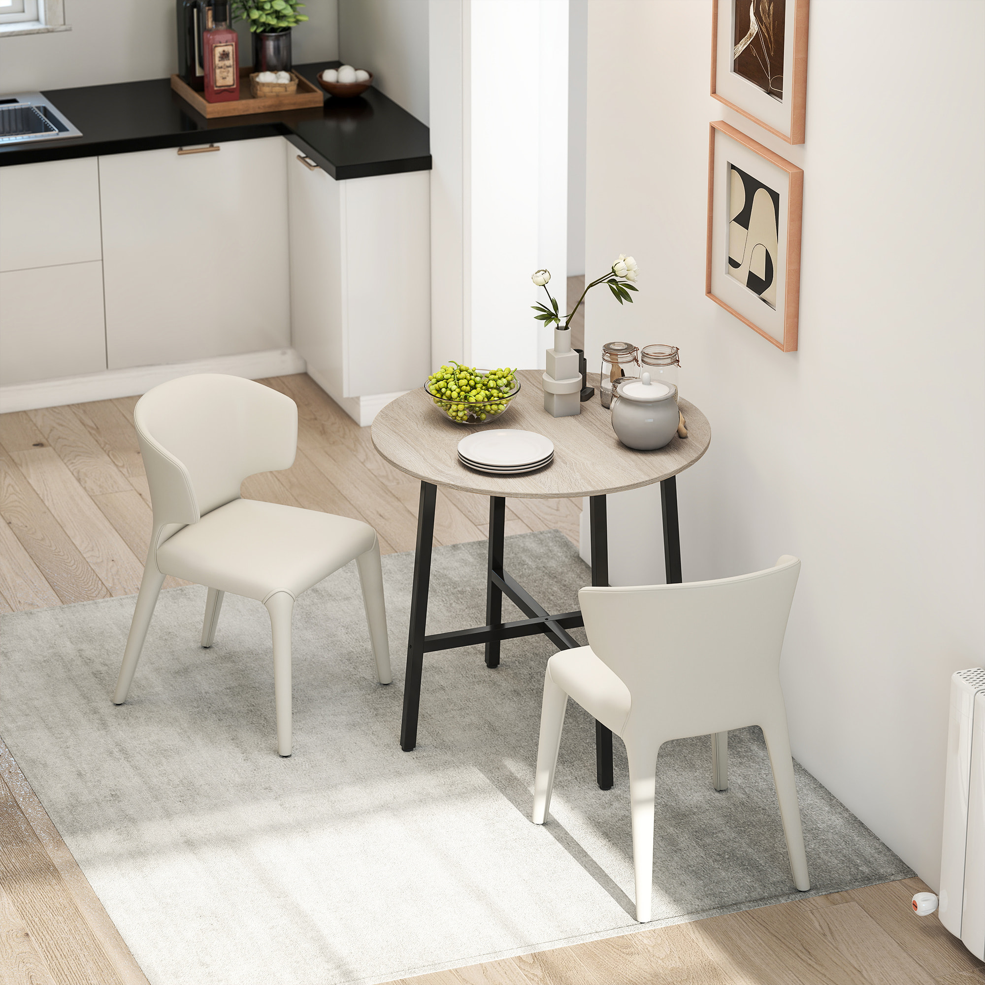 Table ronde dia. 80 cm style industriel piètement acier noir plateau aspect bois clair
