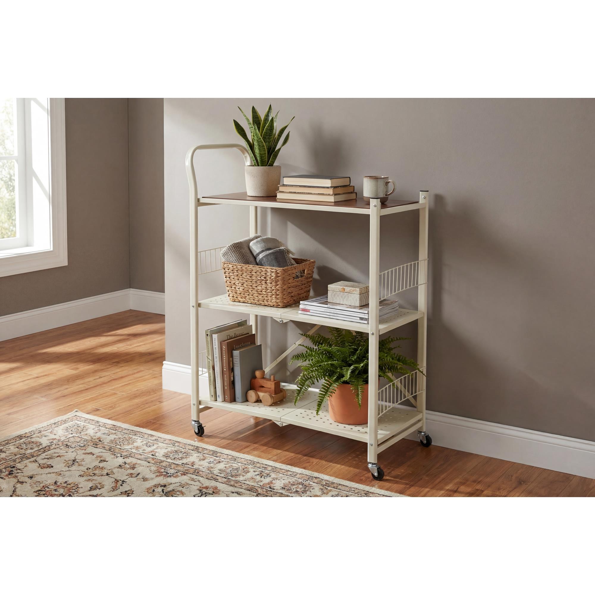 Carito de almacenaje plegable de 3 estantes con ruedas color blanco