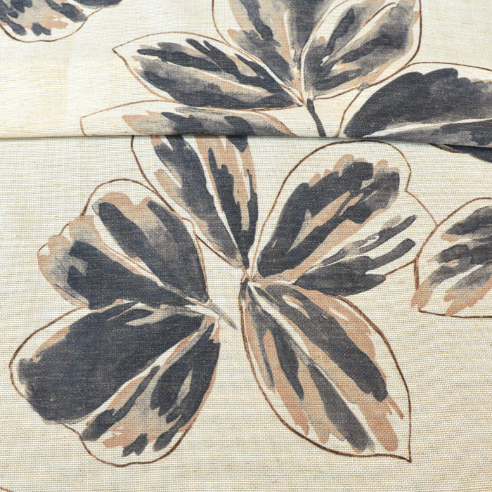 Rideau poly-lin imprimé fleur aquarelle - Bleu Encre