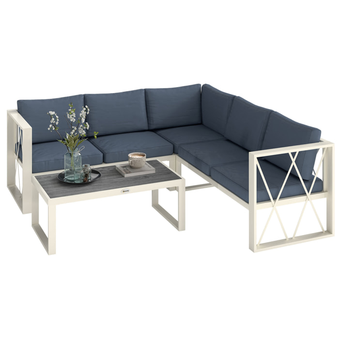 Conjunto de Muebles Jardín Exterior de 4 Piezas Sofá Exterior Seccional Forma de L con 2 Sofás de 2 Plazas Sofá de Esquina con Asiento Ajustable y Mesa Centro de DPC con Cojines Beige y Gris