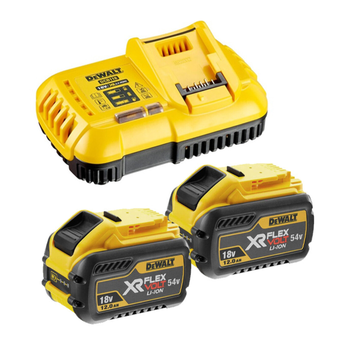 Pack énergie XR Flexvolt 2x 18V/54V 12Ah/4Ah + Chargeur - DEWALT - DCB118Y2-QW