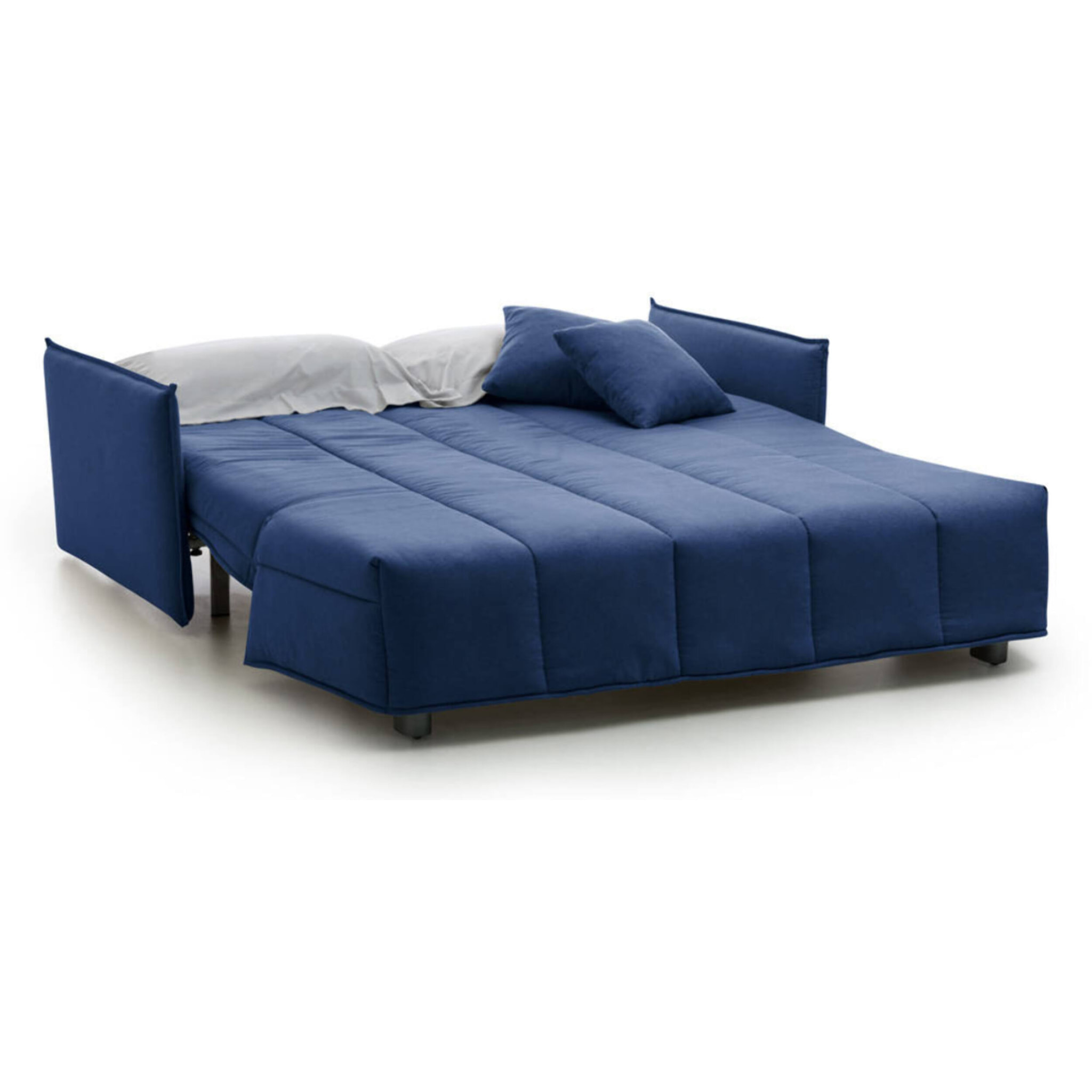 Divano letto 2 posti Alaric, Sofà con apertura a carrello in tessuto imbottito, Braccioli standard, 100% Made in Italy, Cm 150x90h85, Blu