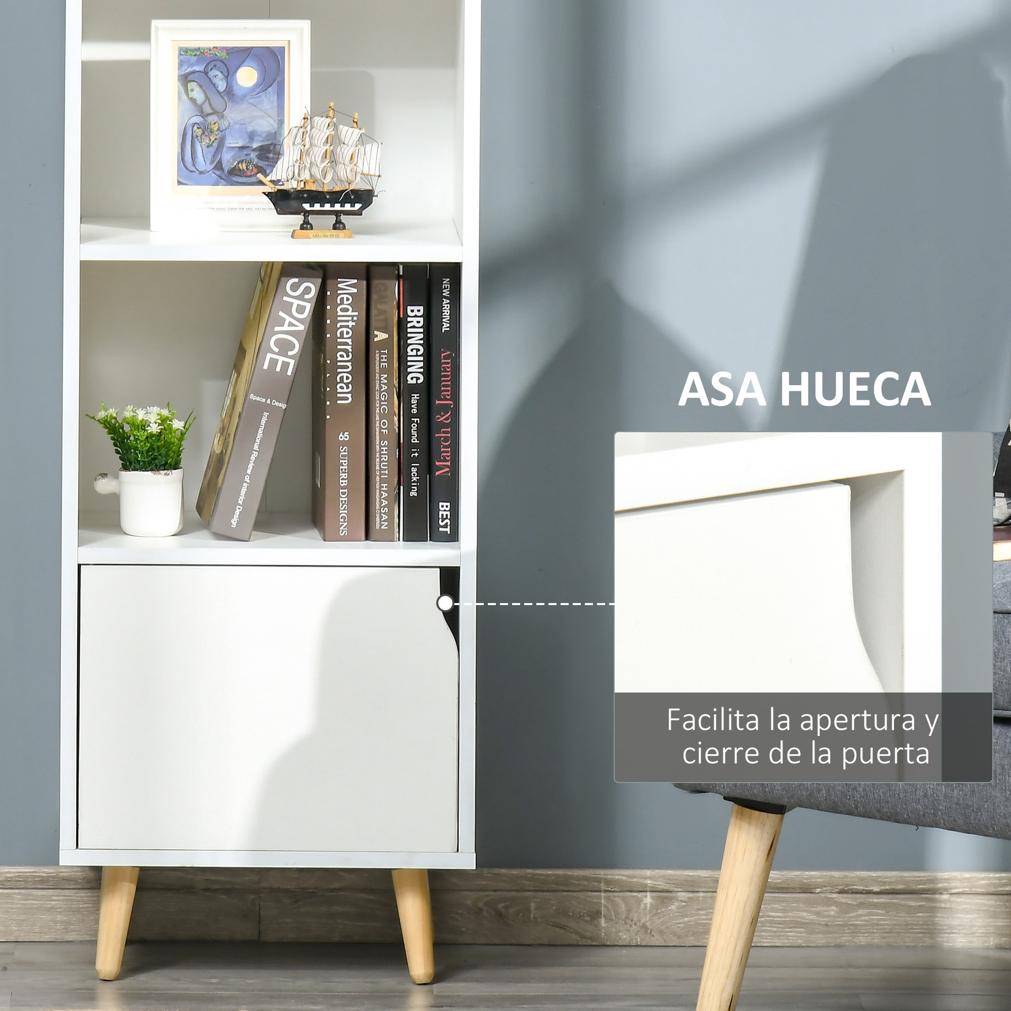 HOMCOM Estantería con 3 Estantes Abiertos y 1 Cerrado con Puerta Librería de Estilo Moderno para Almacenamiento de Libros Juguetes CDs Plantas 40x30x129,5 cm Blanco