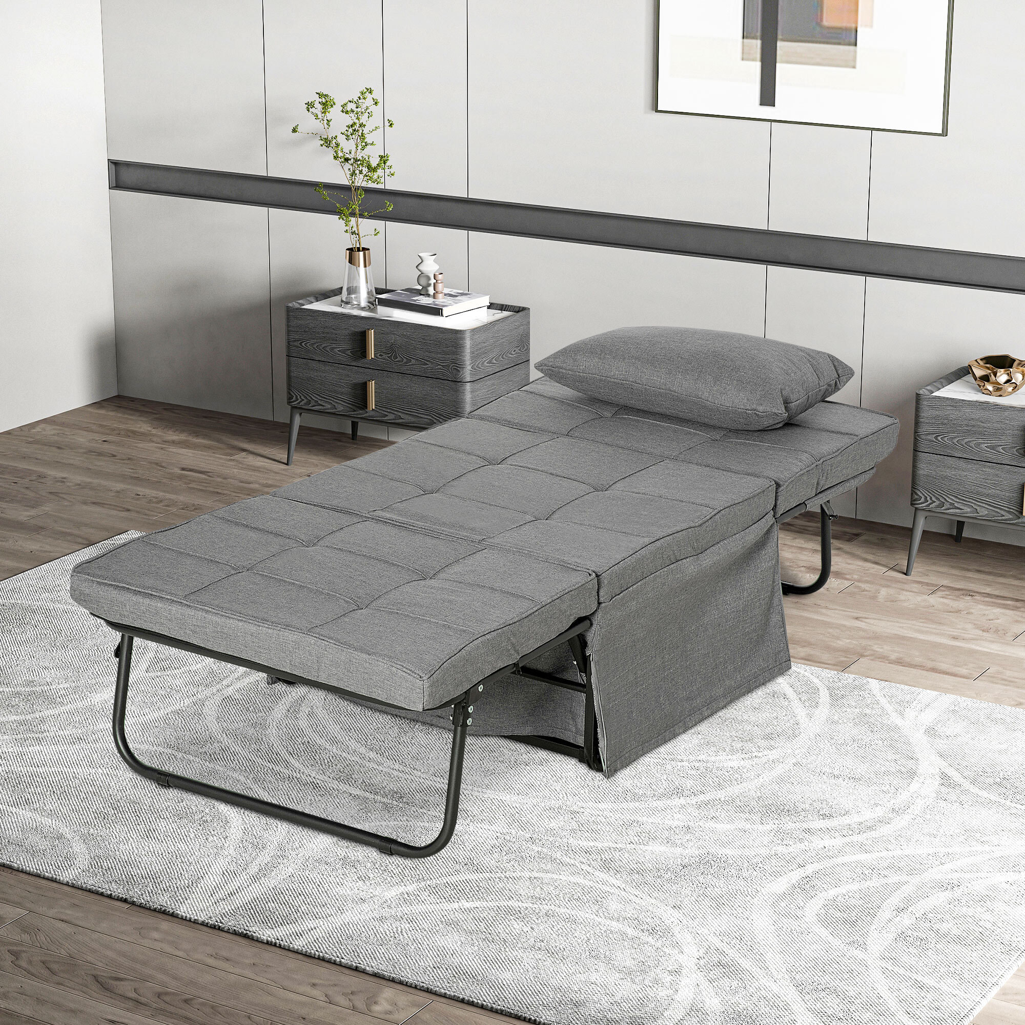 Sofá Cama de 1 Plaza 4 en 1, Sillón Cama Plegable, Tapizado en Lino, con Respaldo Ajustable de 5 Niveles, Almohada Acolchada, para Oficina, Dormitorio, Salón, 75x80x74 cm, Gris