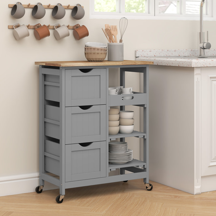Desserte de cuisine multi-rangement - 3 tiroirs, 2 étagères, plateau amovible - bois hévéa MDF gris