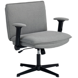 Silla de Oficina Piernas Cruzadas, Silla de Escritorio con Reposabrazos Abatible, Asiento Ancho, sin Ruedas, Altura Ajustable, Giratoria, Función Basculante, Tapizada en Lino, Gris