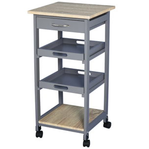Chariot de service desserte de cuisine à roulettes 2 plateaux amovibles, tiroir, étagère MDF chêne clair bois pin gris
