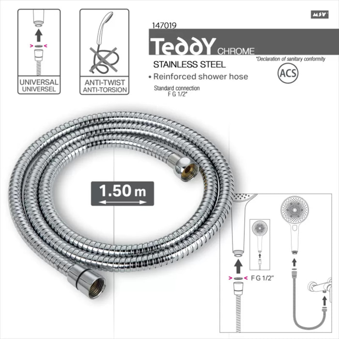 Flexible de douche MSV Teddy 1,50 m Ø14 mm – Double verrouillage anti-torsion – Chrome