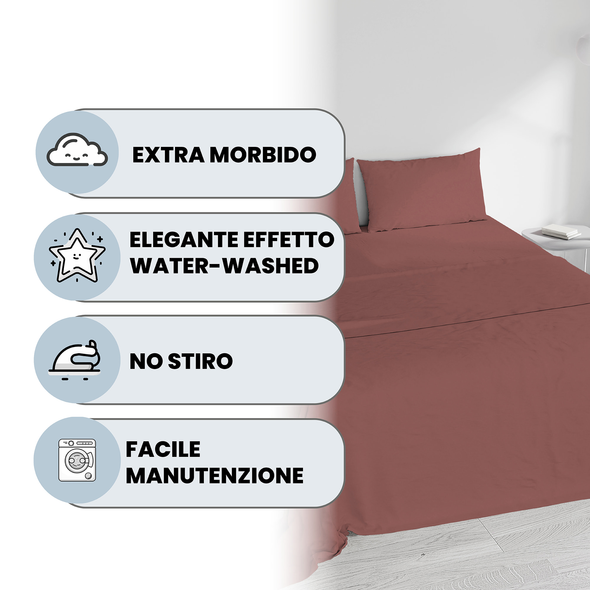 COMPLETO LETTO WATER WASHED, 100% Microfibra, No Stiro - ROSSO CORALLO