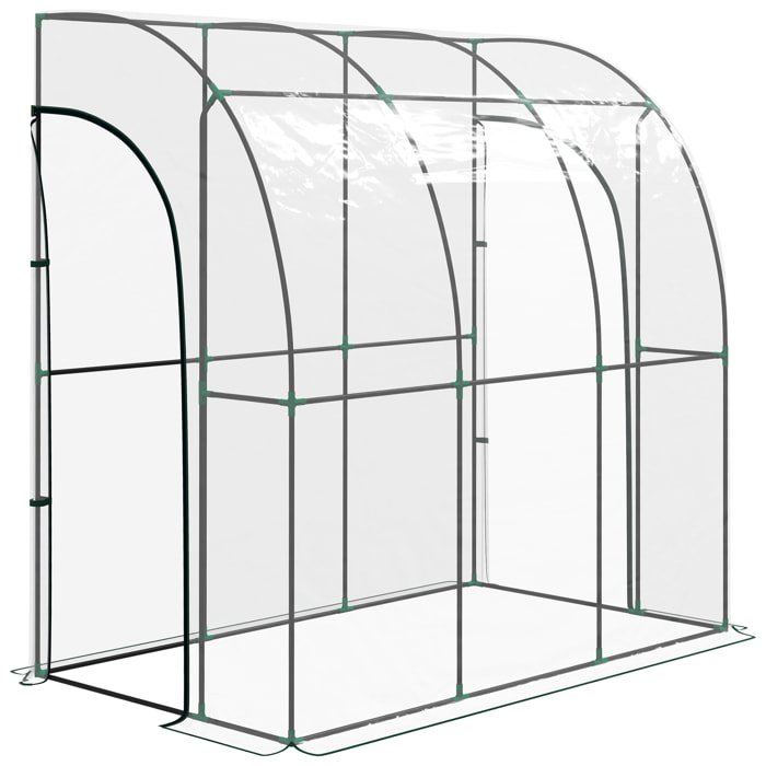 Serre de jardin adossée serre adossée dim. 2,14L x 1,18l x 2,12H m 2 portes zippées enroulables acier PVC transparent