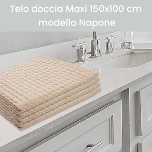 Telo doccia maxi in cotone spugna assorbente e morbido, asciugamano bagno grande e avvolgente, elevata capacità di assorbenza 300 gr/mq, ideale per doccia e bagno, confortevole sulla pelle, resistente ai lavaggi, dimensioni 150x100 cm
