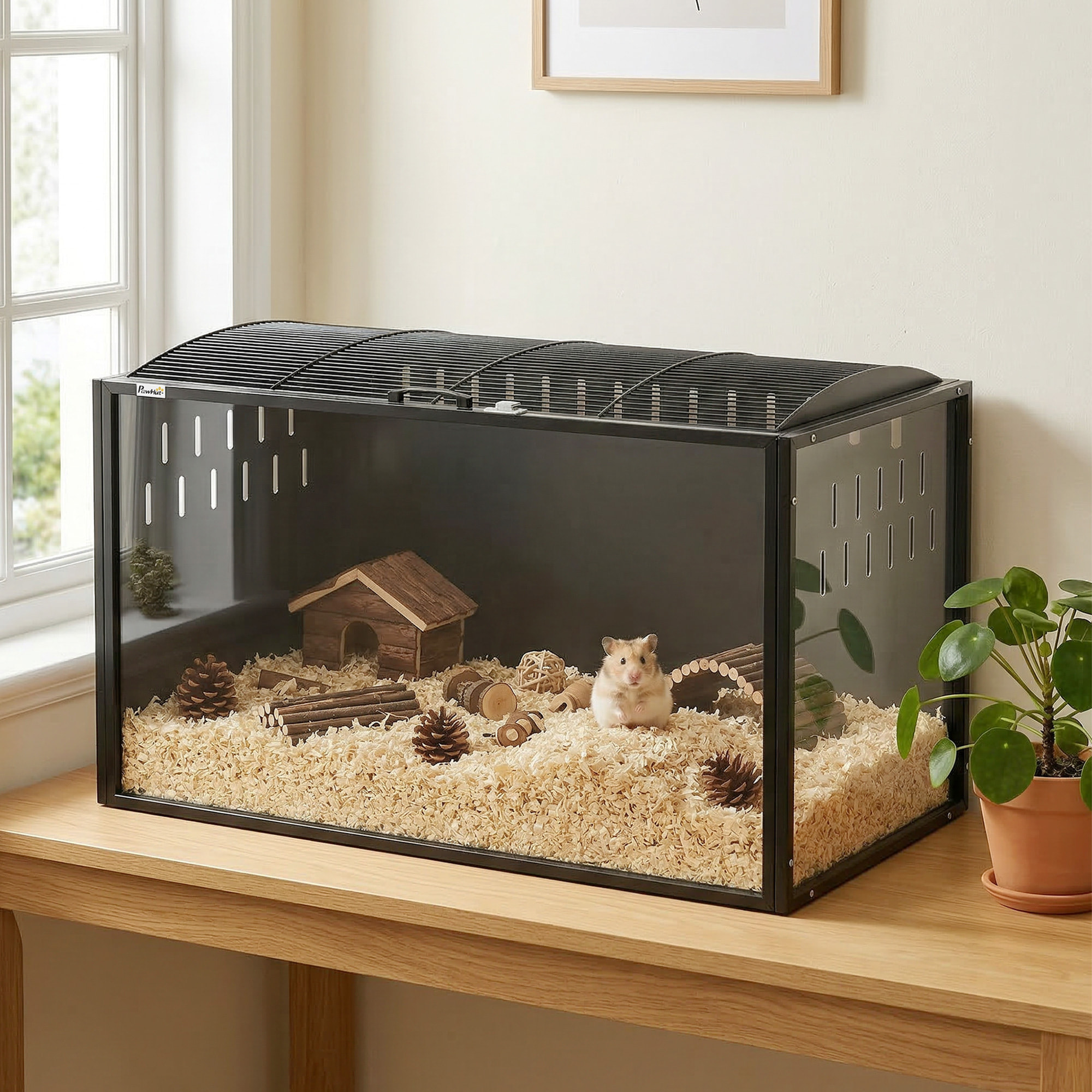 Cage hamster rongeur acier noir acrylique transparent toit ouvrant 105x51x53cm