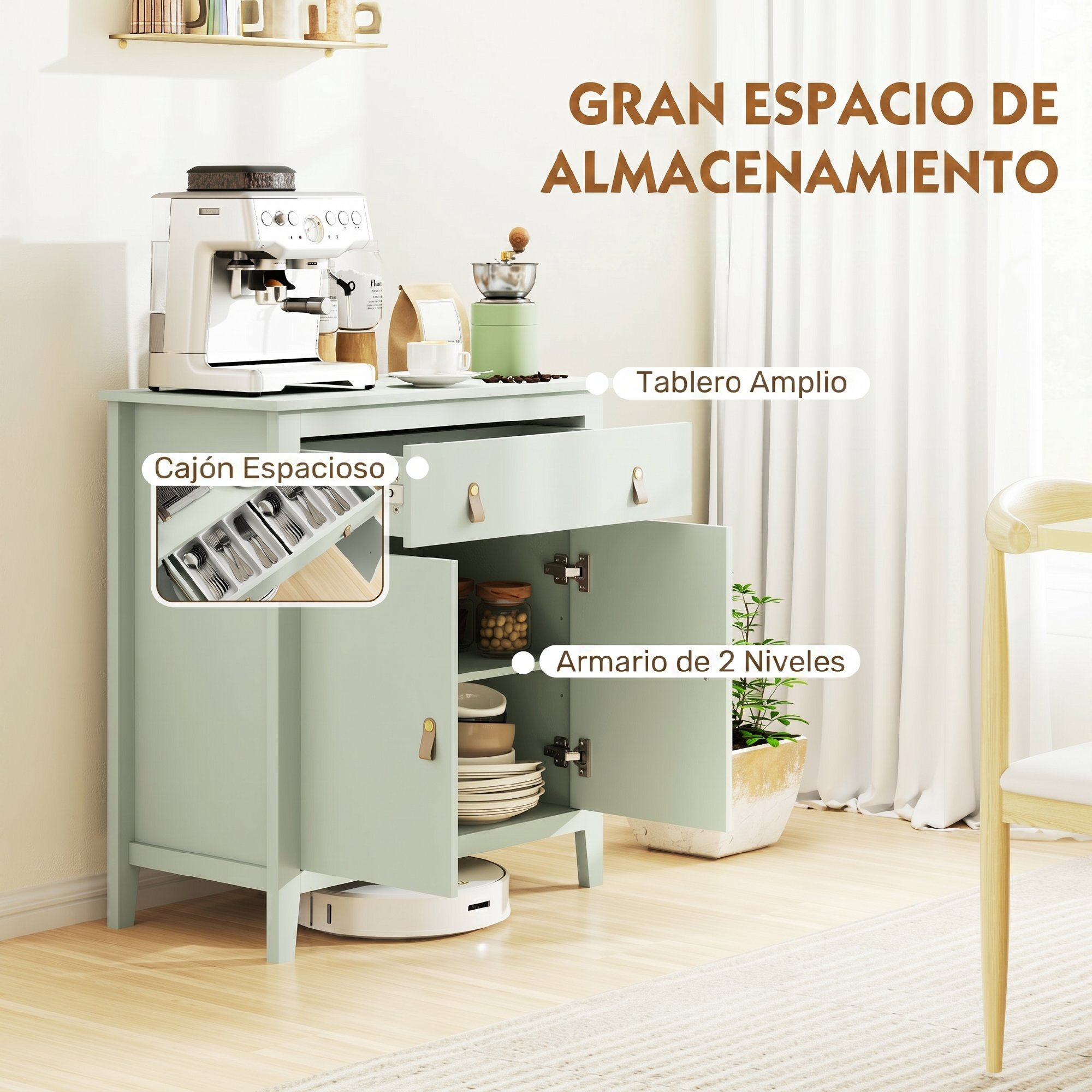 Aparador de 2 Puertas Aparador de Salón Moderno con Cajón Estante Ajustable y Tiradores de PU Mueble Auxiliar para Comedor Pasillo 80x40x90 cm Verde Claro