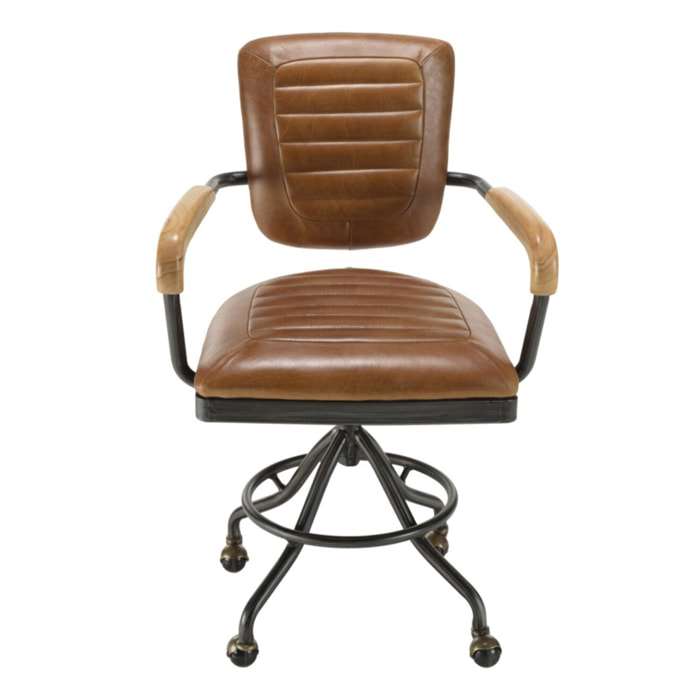 GASTON - Fauteuil DESK vintage cuir marron et métal noir à roulettes accoudoirs en bois