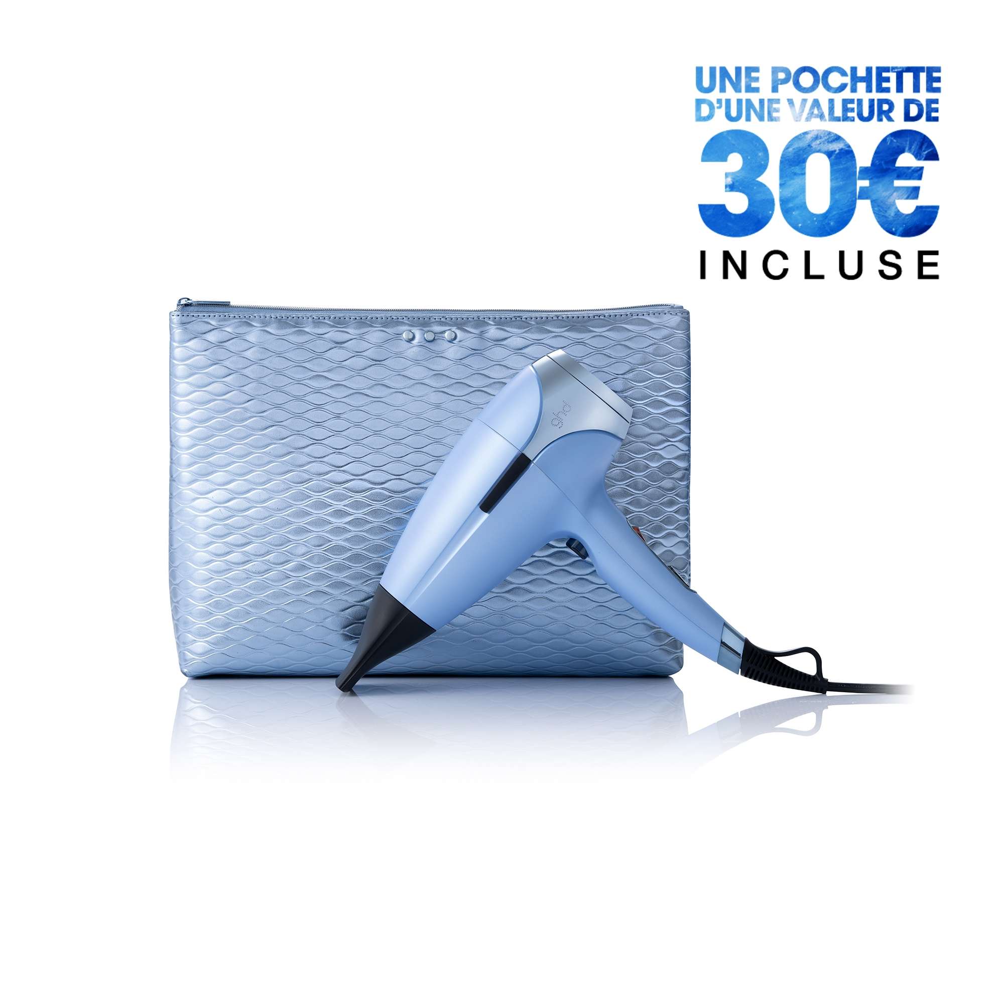 Sèche-cheveux ghd helios bleu glacier et sa pochette de rangement