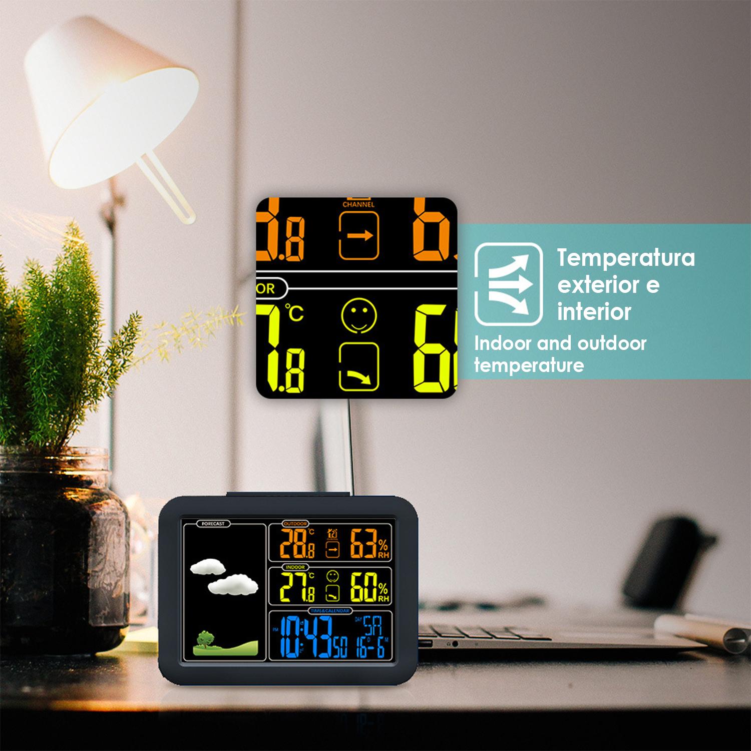 Stazione meteorologica automatica a colori ad alta precisione con barometro igrometro. Temperatura e umidità interne ed esterne. Include trasmettitore esterno.