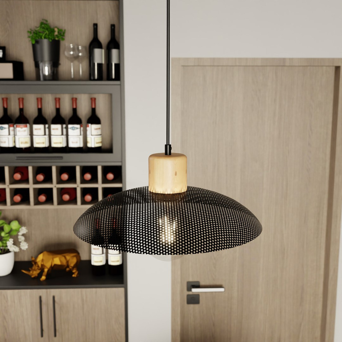 Lampada a sospensione KOBE in acciaio nero e legno naturale