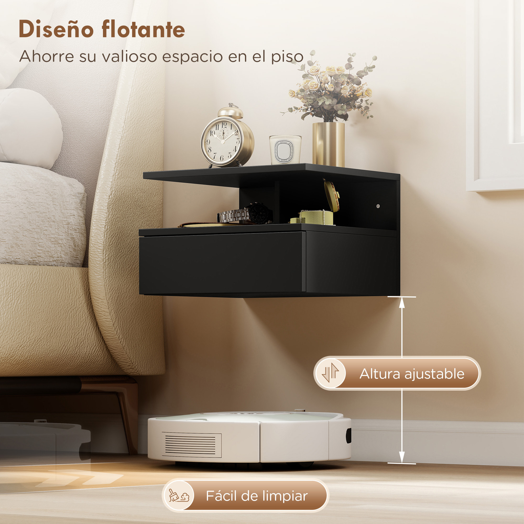 Juego de 2 Mesitas de Noche Flotantes con Cajón, Mesillas de Noche Dormitorio, Montado en la Pared, Estilo Moderno, para Sala de Estar, 35x32x22,5 cm, Negro