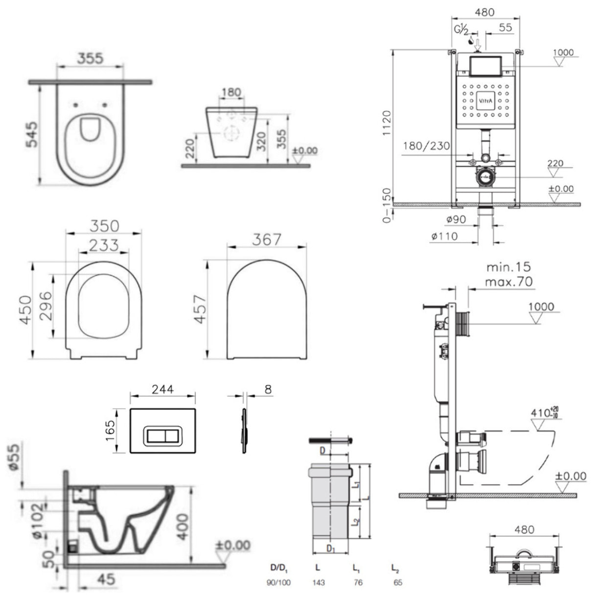 Pack WC Bâti-support V-Fix Core + WC sans bride Integra, fixations invisibles + Plaque, Blanc Brillant (V-FixIntegraRimless-1)