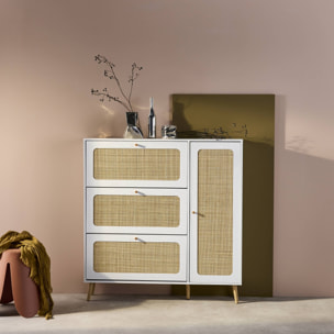 Meuble à chaussure cannage Bohème blanc. 3 tiroirs. 1 porte. 21 paires. 120 x 24 x 125 cm