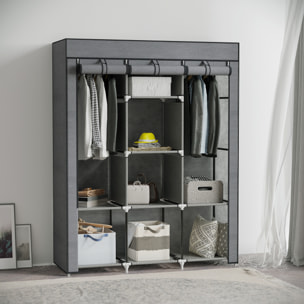 Armario de Tela Plegable, Armario Portátil con 2 Barras para Colgar, 8 Estantes, Marco de Acero, para Dormitorio, Vestidor, 125x43x162,5 cm, Gris Oscuro