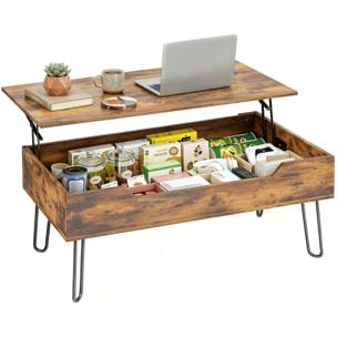 Mesa de Centro Elevable, Mesa de Café para Salón con Compartimento Oculto, Patas de Acero para Sala de Estar, Comedor, 95x50x40 cm, Marrón Rústico