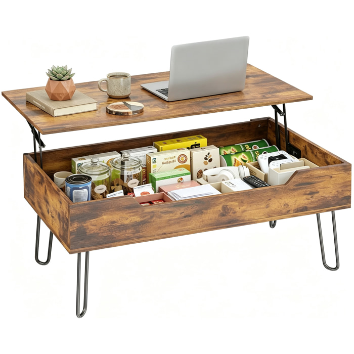 Mesa de Centro Elevable, Mesa de Café para Salón con Compartimento Oculto, Patas de Acero para Sala de Estar, Comedor, 95x50x40 cm, Marrón Rústico