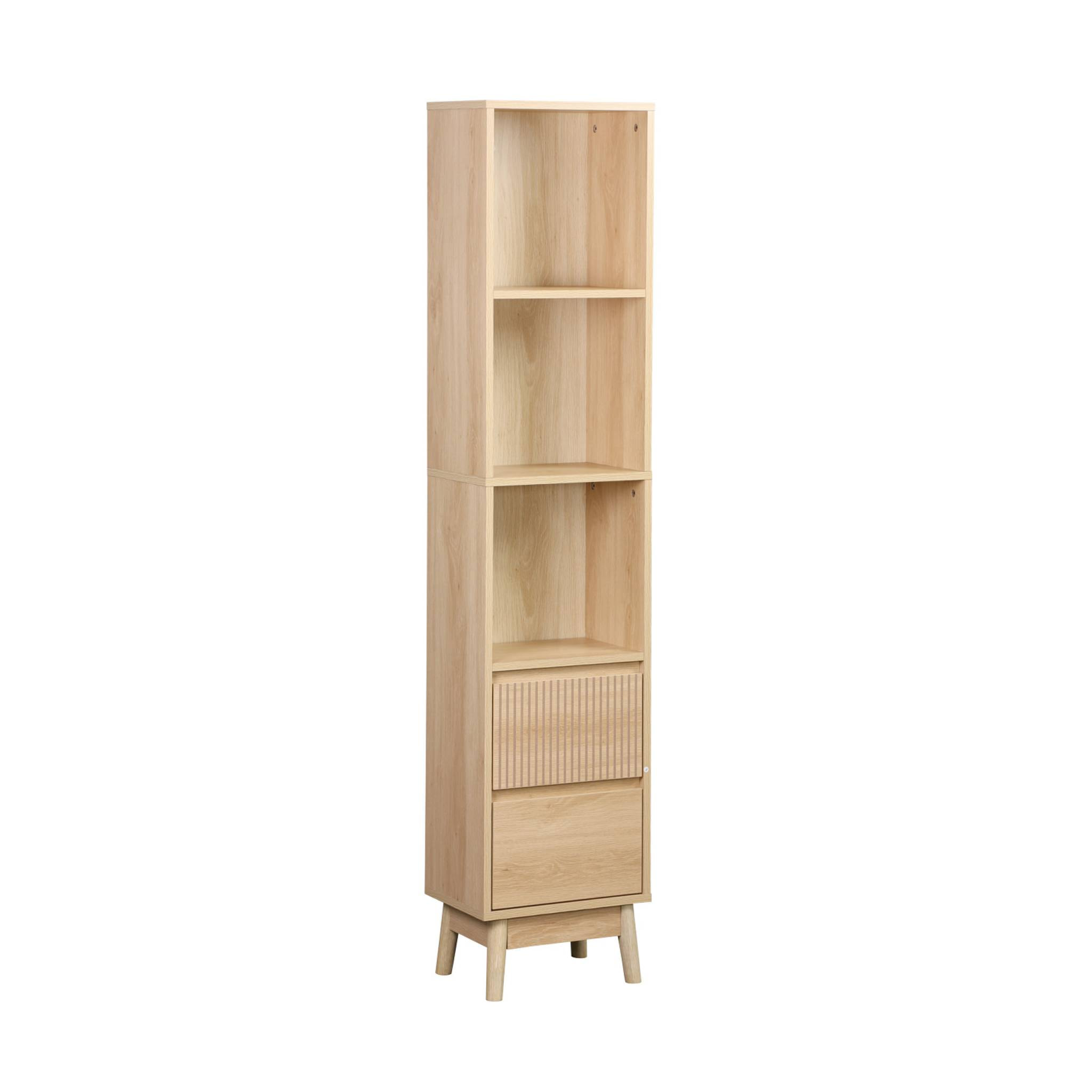 Colonne de rangement décor bois LINEAR 3 étagères 2 tiroirs. 35 x 25 x 167 cm. Naturel