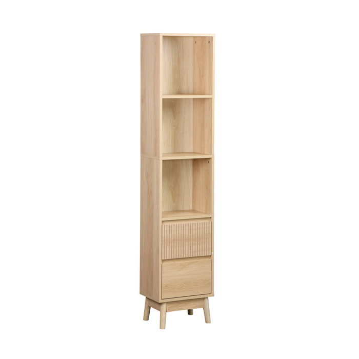 Colonne de rangement décor bois LINEAR 3 étagères 2 tiroirs. 35 x 25 x 167 cm. Naturel