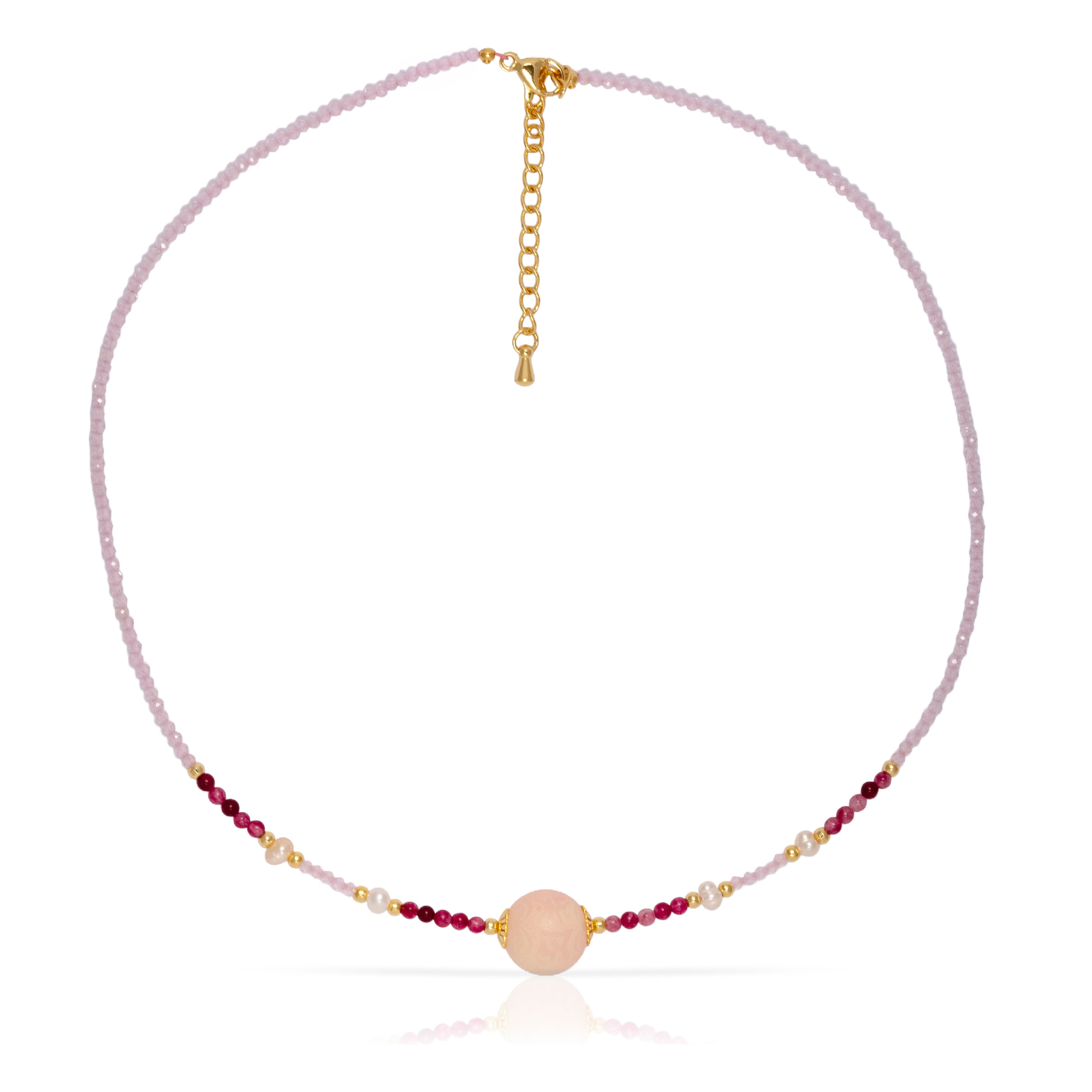 Veritas Collar de perlas naturales con cuentas de turmalina y circón rosa, con cierre de mosquetón.