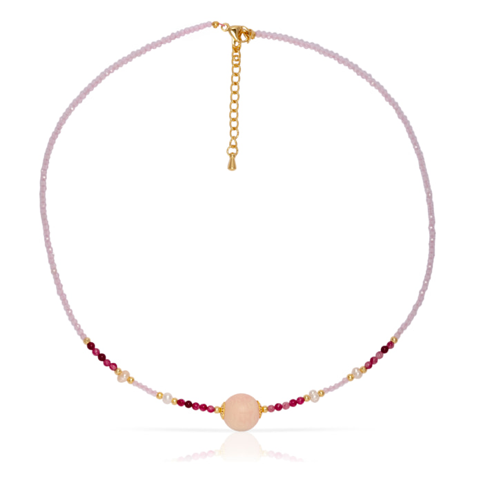 Veritas Collar de perlas naturales con cuentas de turmalina y circón rosa, con cierre de mosquetón.