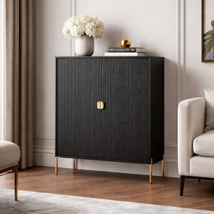 Credenza Mobile Contenitore 2 Ante Cannettate E Piedini Oro Madia Moderna con Ripiani Interni E Chiusura Soft Close 103.6 x 124 x 39.6 Cm Nero