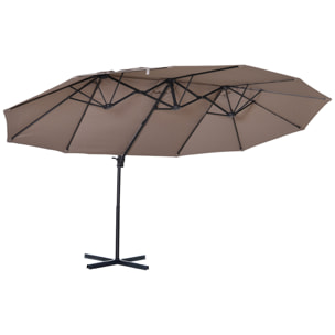 Parasol déporté grande taille XXL inclinable dim. 4,4L x 2,7l x 2,5H m piètement en acier inclus polyester marron