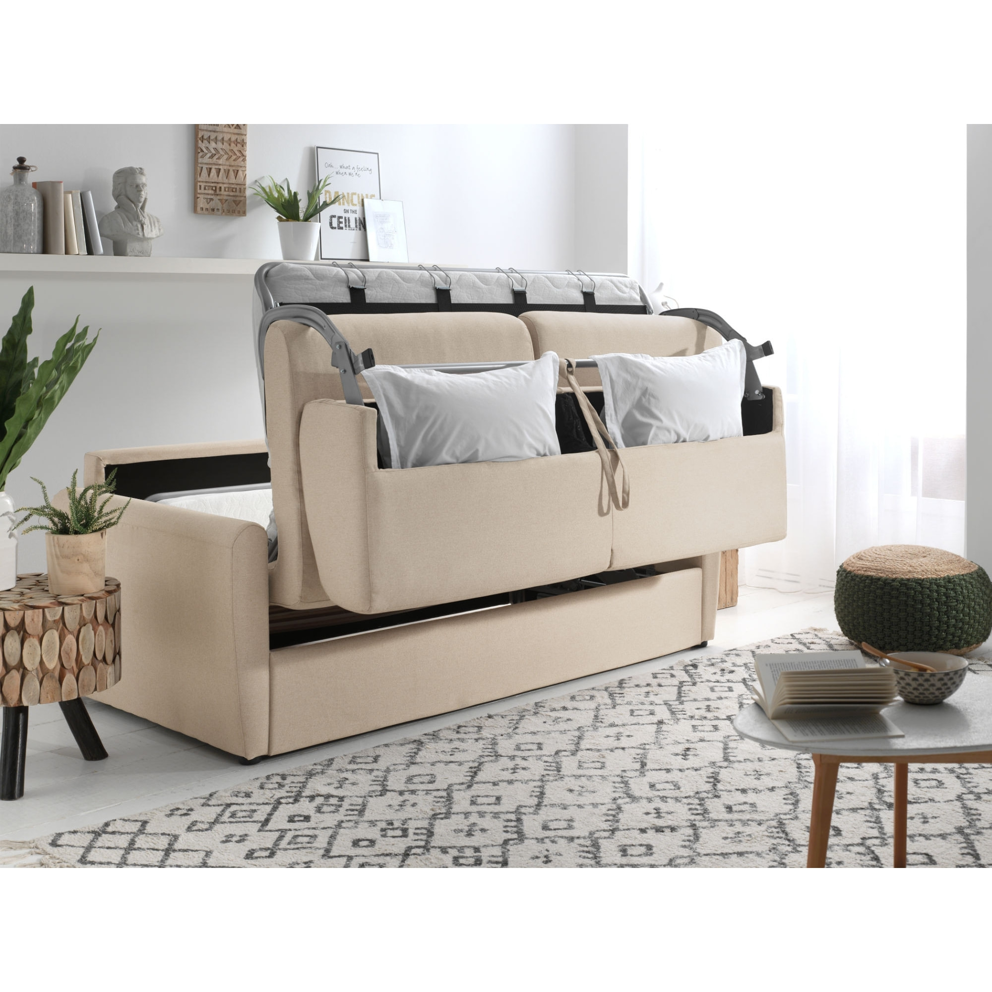 Ari - Canapé 3 places convertible - couchage quotidien - matelas 12 cm - en tissu - Beige