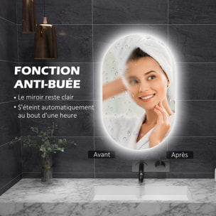 Miroir ovale LED de salle de bain - dim. 91H x 61l cm - 3 couleurs, réglable, tactile, antibué - décor acrylique transparent