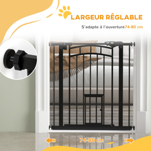 Barrière de sécurité chien, barrière d'escalier à fixation par pression sans percer, porte fermeture automatique, système de double verrouillage, 74 à 80 cm, acier, Noir