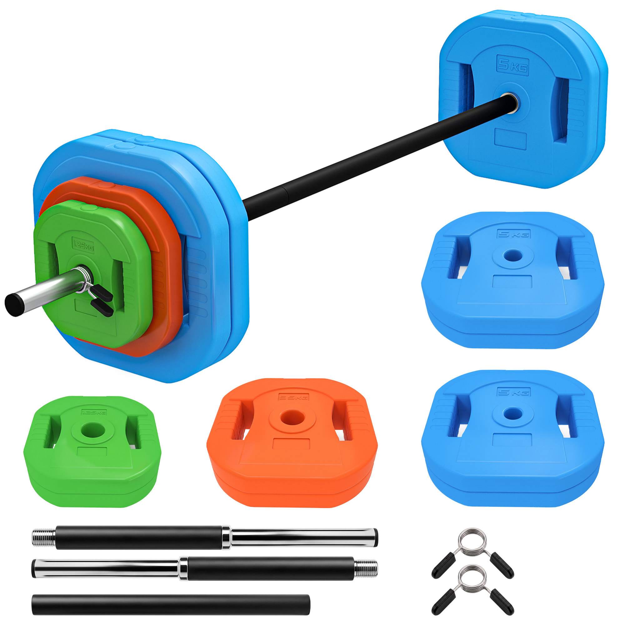 SPORTNOW Barra de Pesas 30 kg, Set de Pesas Ajustables con Barra de Acero de 140 cm, 8 Discos de 4x5kg, 2x2,5kg, 2x1,25kg, 2 Clips, Juego de Mancuernas para Entrenamiento de Fuerza en Casa Gimnasio