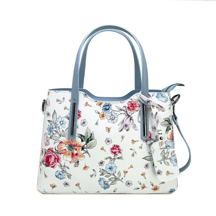 Chicca Borse - Borsa a Mano Donna in Vera Pelle - Colore Fiori - Cielo