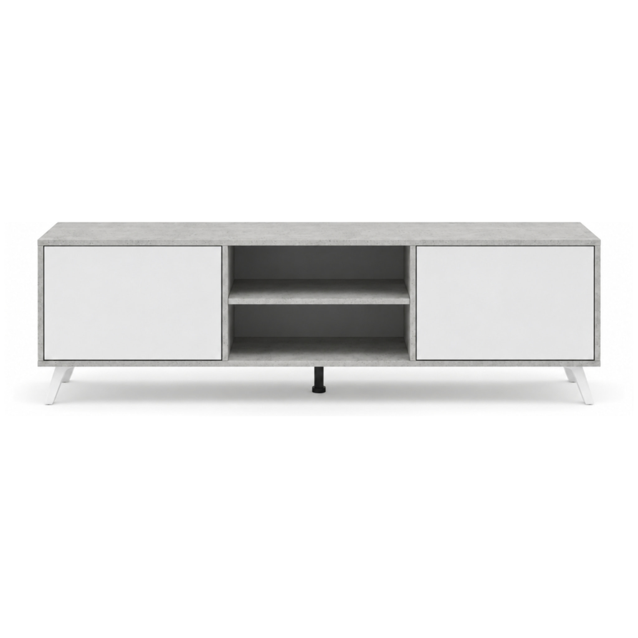Mobile TV Moderno Con 2 Ante Battenti Ripiani Centrali Aperti Gambe Design Per Televisori fino a 75” 180 x 39,6 x 49 Cm Grigio Cemento E Bianco