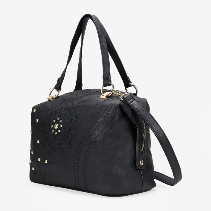 Bolso bowling negro con bordado y tachas