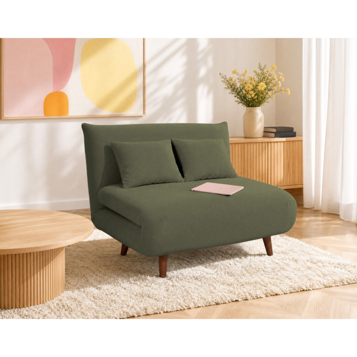 Lumi - Banquette convertible clic-clac 1 place en velours côtelé - Vert